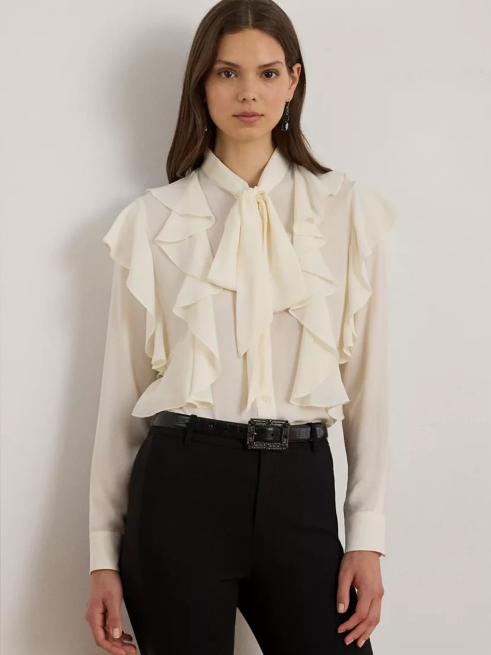 Ralph Lauren Ruffle-Trim Georgette Tie-Neck Blouse NWT $145 Small